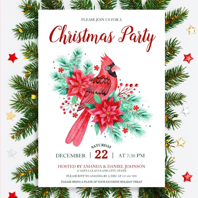 Red & Green Watercolor Bird Floral Christmas Party Invitation (Watercolor Cardinal Bird Floral Christmas Party Invitation)