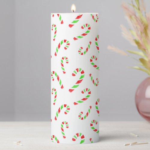 Red Green Watercolor Candy Cane Pattern Pillar Candle