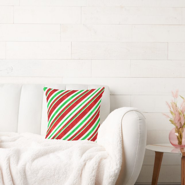 Red Green Watercolor Candy Cane Stripes 2 Throw Pillow (Couch)