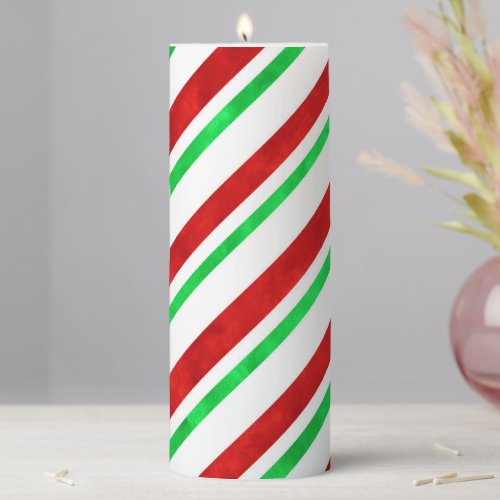 Red Green Watercolor Candy Cane Stripes  Pillar Candle