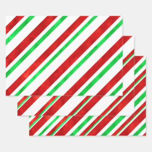 Red Green Watercolor Candy Cane Stripes  Wrapping Paper Sheets