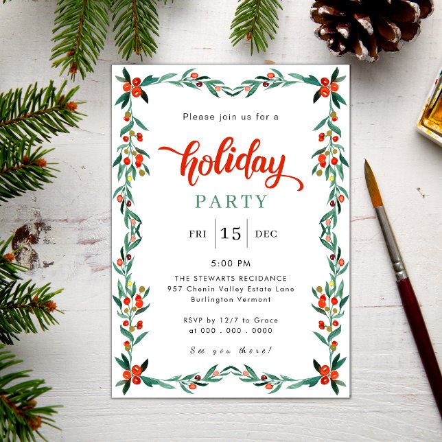 Red Green Watercolor Chic Christmas Holiday Party Invitation (Creator Uploaded)