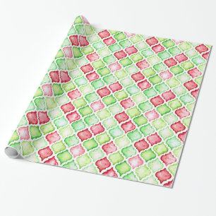 Red & Green Watercolor Christmas Quatrefoil Wrapping Paper