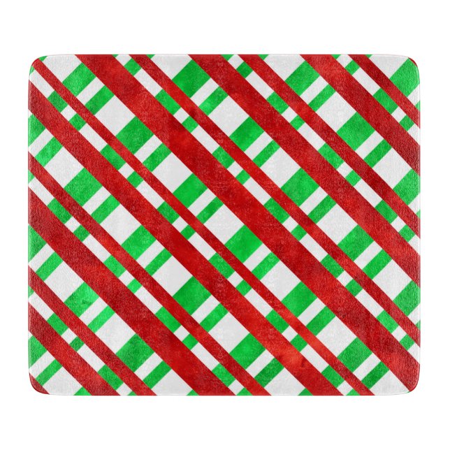 Red Green Watercolor Diagonal Plaid  Cutting Board (Front)