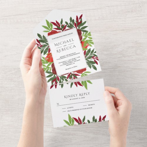 Red Green Watercolor Floral Leaves Garden Wedding All In One Invitation