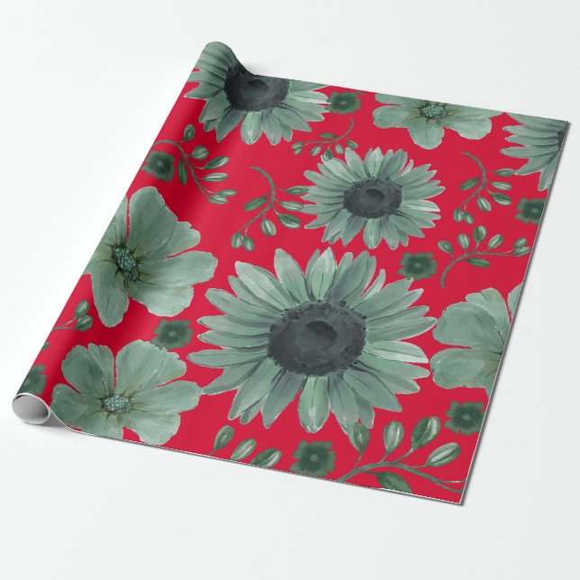 Red Green Watercolor Floral Wrapping Paper (Unrolled)