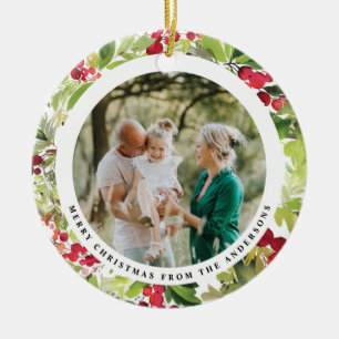 red green watercolor foliage family photo holiday ceramic ornament