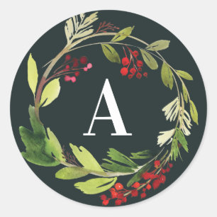 Red + green watercolor foliage initial Christmas Classic Round Sticker