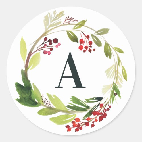 Red  green watercolor foliage initial Christmas Classic Round Sticker