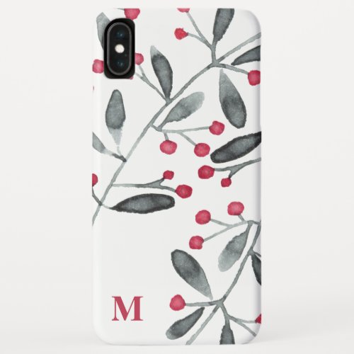 Red  Green Watercolor Holly Branches Monogram iPhone XS Max Case