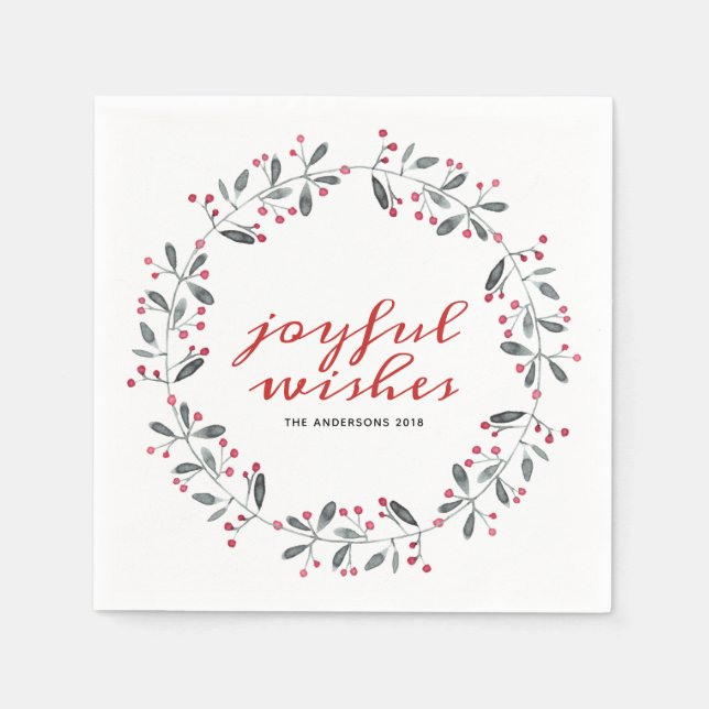 Red & Green Watercolor Holly Christmas Wreath Napkins (Front)