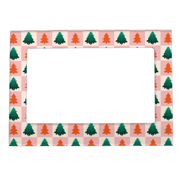 Red Green watercolor Merry Christmas tree pattern Magnetic Frame (Front)
