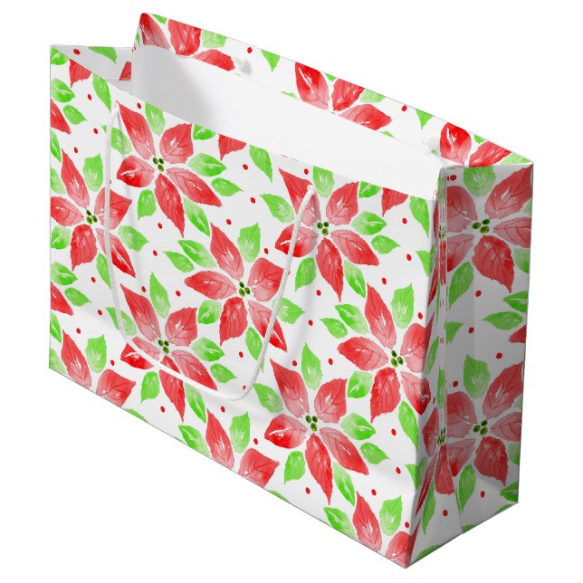 Red Green Watercolor Poinsettia Pattern Large Gift Bag (Front Angled)