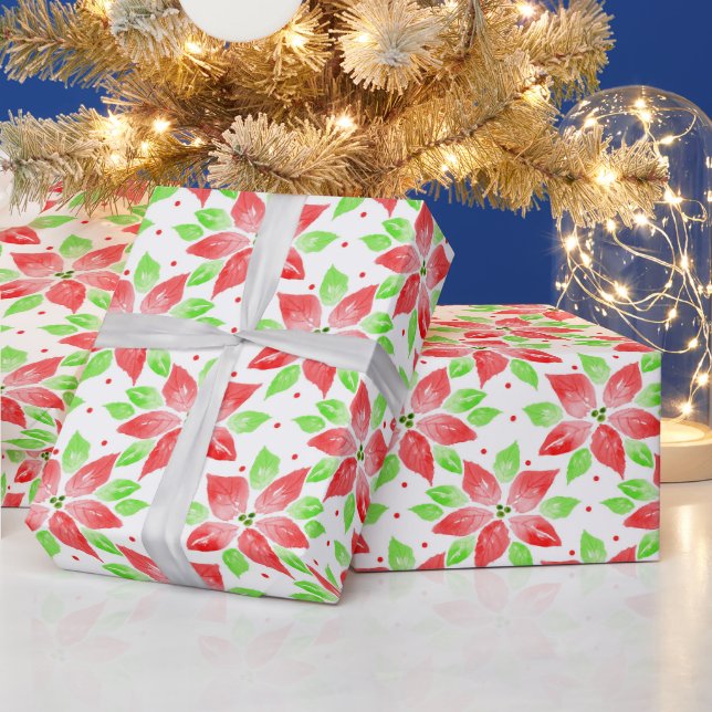 Red Green Watercolor Poinsettia Pattern Wrapping P Wrapping Paper (Holidays)