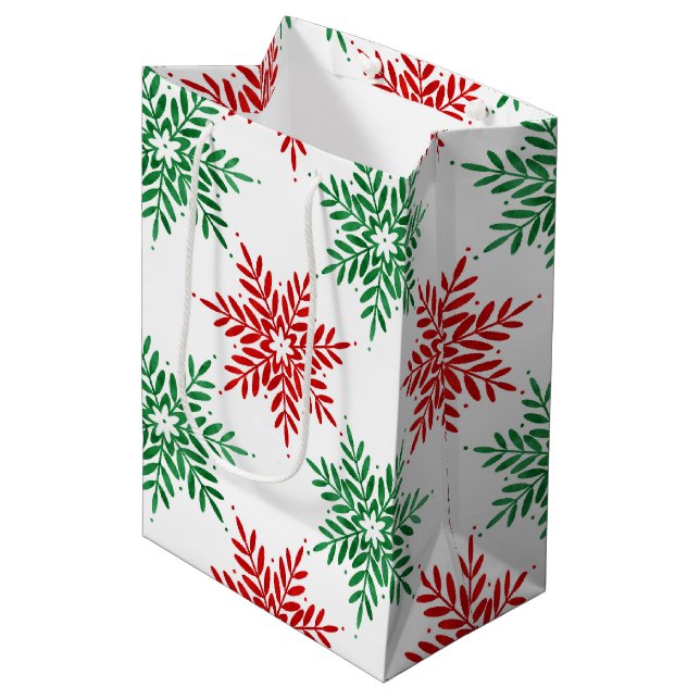 Red & Green Watercolor Snowflake Pattern 2 Medium Gift Bag (Front Angled)