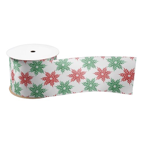 Red  Green Watercolor Snowflake Pattern 2 Satin Ribbon