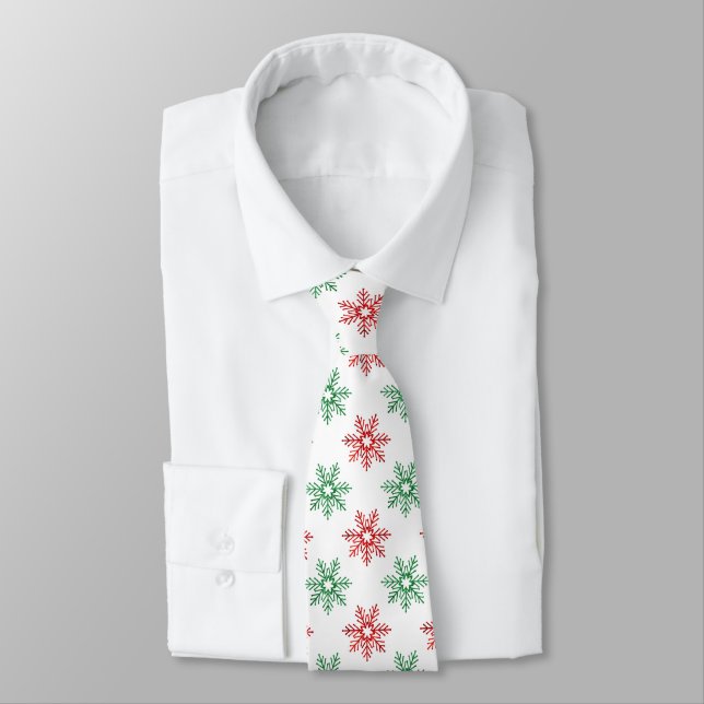 Red & Green Watercolor Snowflake Pattern   Neck Tie (Tied)