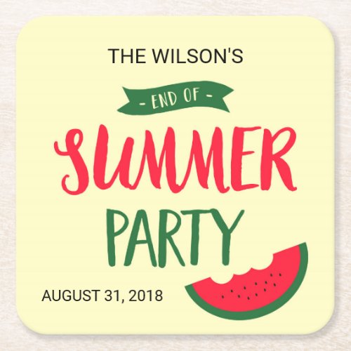 Red Green Watermelon End of Summer Party Square Paper Coaster
