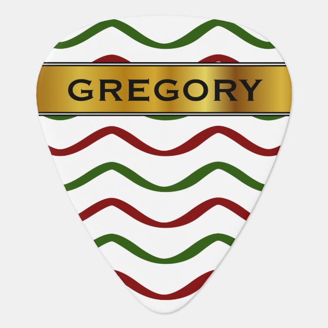Red & Green Wavy Lines Pattern & Custom Name Guitar Pick (Front)