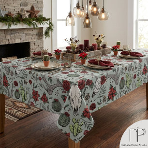 Red & Green Western Christmas Antlers Tablecloth