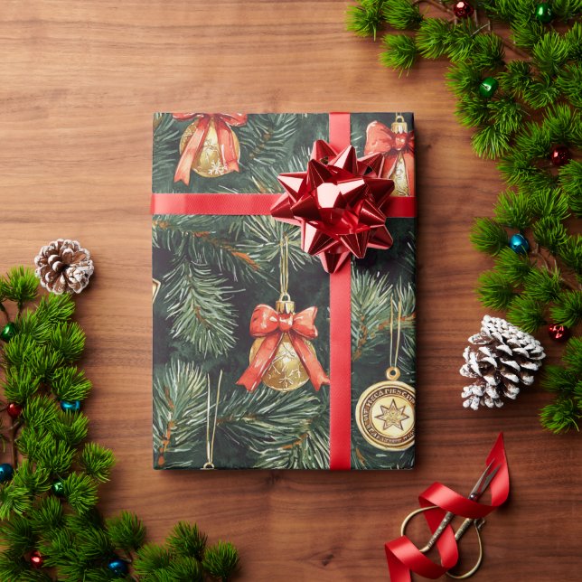 Red Green Western Christmas Tree Ornaments Wrapping Paper (Holiday Gift)