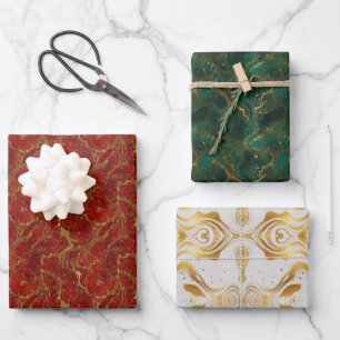 Red Green White Abstract Gold Glitter Pouring  Wrapping Paper Sheets