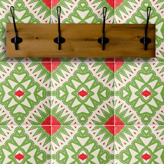 Red Green White Bohemian Geometric Mosaic Pattern Ceramic Tile (Creator Uploaded)