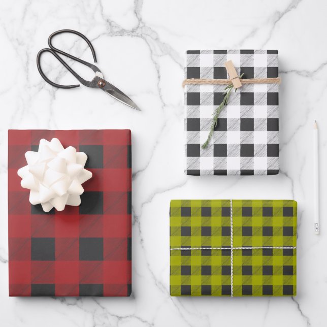Red, Green & White Buffalo Plaid  Coordinated Wrapping Paper Sheets (Front)