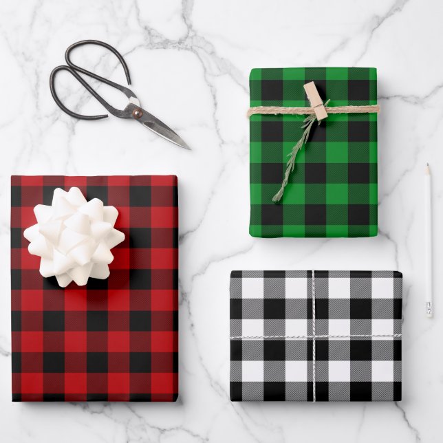 Red Green & White Buffalo Plaid Wrapping Paper Sheets (Front)