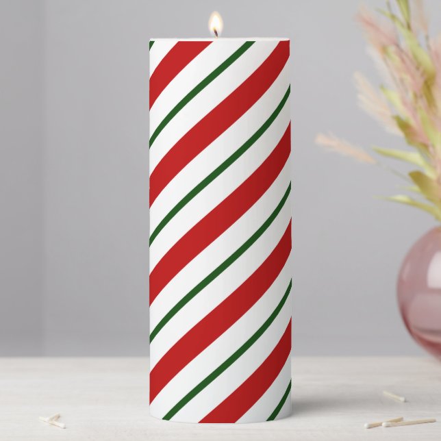 Red Green & White Candy Cane Stripes Christmas Pillar Candle (In Situ)