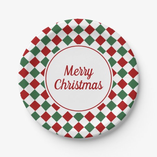 Red Green White Checked Merry Christmas Party Paper Plates