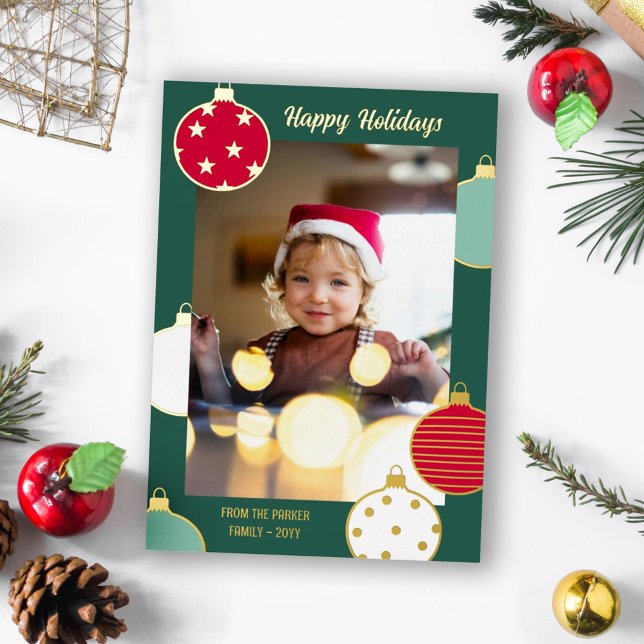 Red Green White Christmas Baubles Happy Holidays Foil Holiday Card (Creator Uploaded)