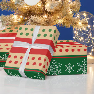 Red Green White Christmas Snowflakes Polka Dots Wrapping Paper