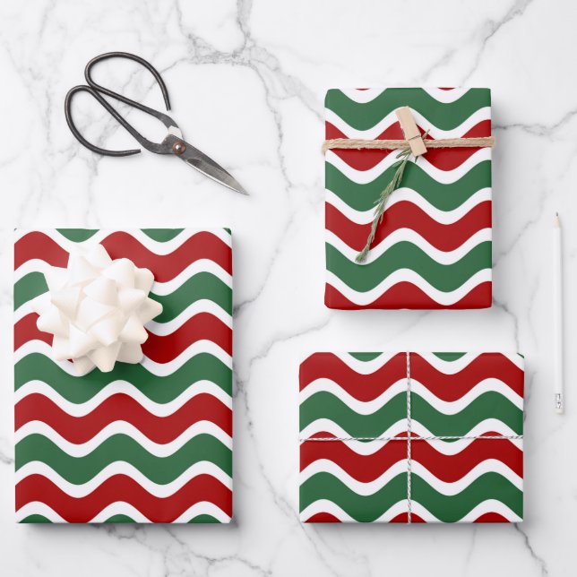 Red Green White Christmas Wave Stripes   Wrapping Paper Sheets (Front)