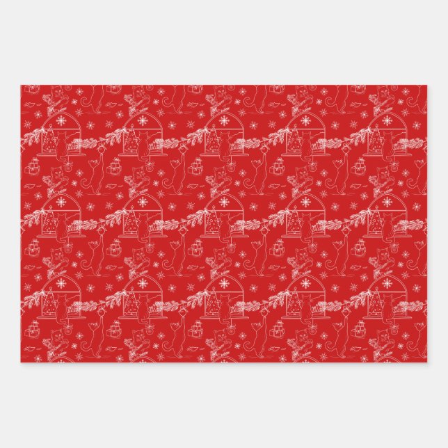 Red green & white Christmas winter cats Wrapping Paper Sheets (Front)