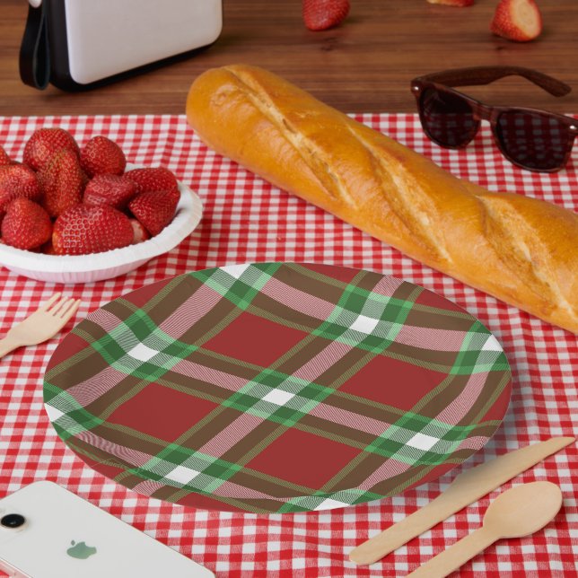 Red Green White Cool Red Lumberjack Plaid Pattern Paper Plates (Picnic)