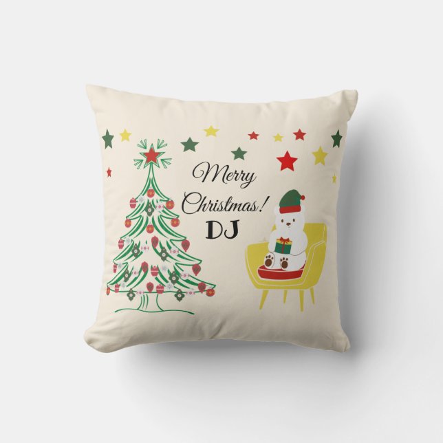 Red Green White Cute Teddy Bear Merry Christmas Throw Pillow (Front)