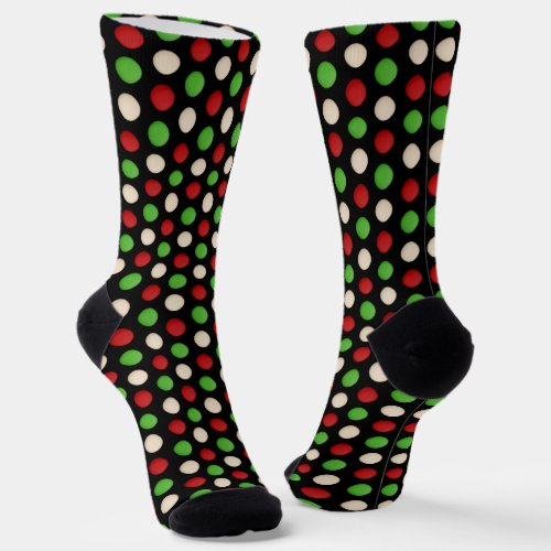 Red Green White Dots on Black Socks