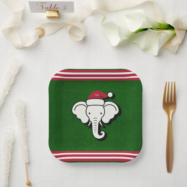 Red & Green White Elephant Gift Christmas Party Paper Plates (Wedding)