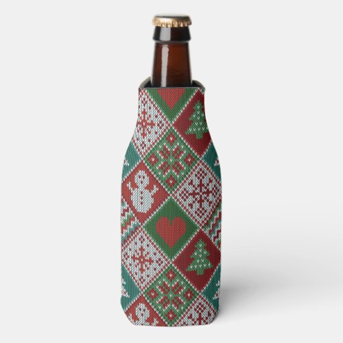 Red Green White Faux Knit Christmas Pattern Bottle Cooler