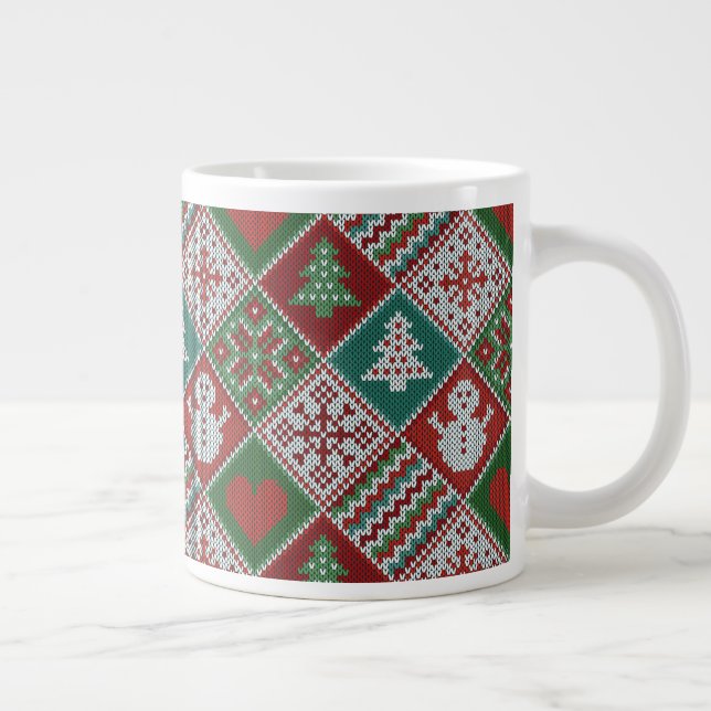 Red Green White Faux Knit Christmas Pattern Giant Coffee Mug (Right)