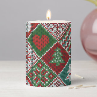 Red Green White Faux Knit Christmas Pattern Pillar Candle