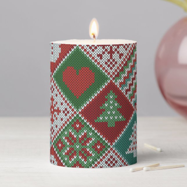 Red Green White Faux Knit Christmas Pattern  Pillar Candle (In Situ)
