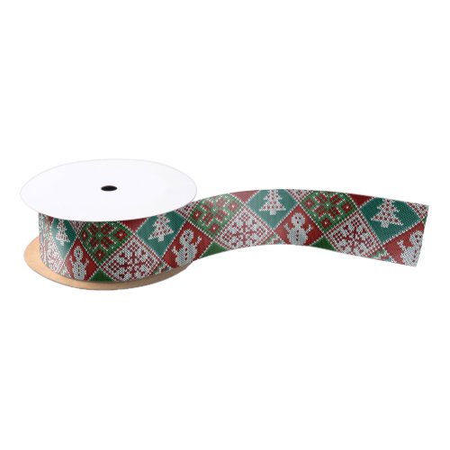 Red Green White Faux Knit Christmas Pattern Satin Ribbon