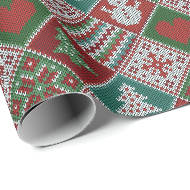 Red Green White Faux Knit Christmas Pattern Wrapping Paper (Roll Corner)