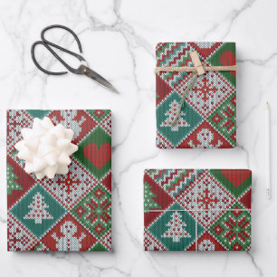 Red Green White Faux Knit Christmas Pattern Wrapping Paper Sheets