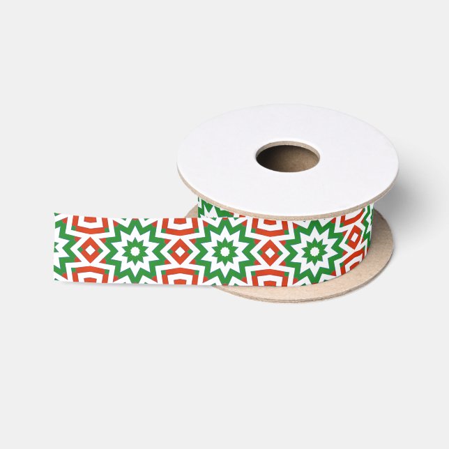 Red Green White Geometric Pattern Christmas Ribbon (Spool)