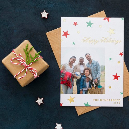 Red Green White Gold Stars Photo Happy Holidays Foil Holiday Card