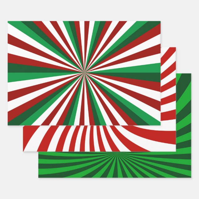 RED GREEN WHITE HOLIDAY CHRISTMAS PINWHEEL PATTERN WRAPPING PAPER SHEETS (Set)
