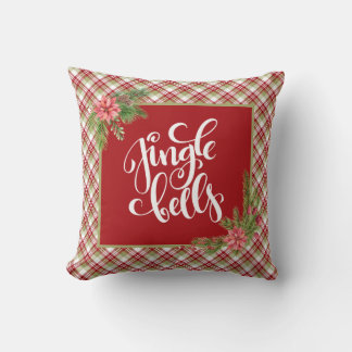 Red Green White Holiday Plaid Jingle Bells Throw Pillow